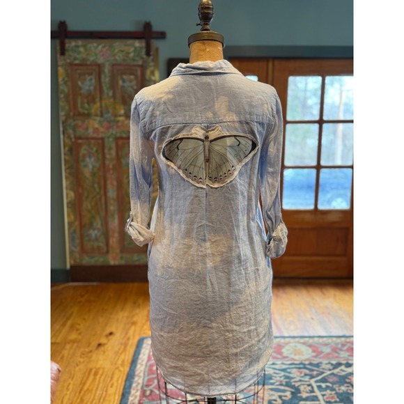 Upcycled Linen Shirt Dress Clown Patch Butterfly Back Small - Picture 9 of 10